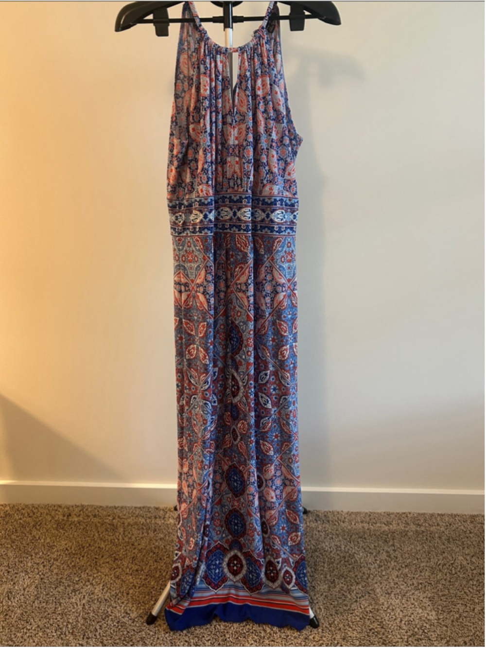 Printed Halter Maxi Dress in Blue and Coral
